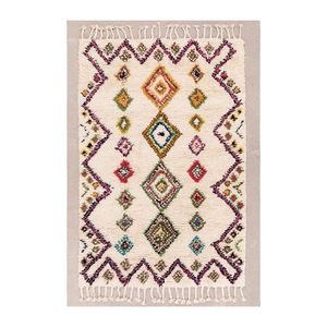 Bohemian Geometric Area Rug Rectangle <b>Beige</b> White Hand Tufted Plush Wool Acrylic With Fringe Rubber Backing Living Room Use - Product Image 1