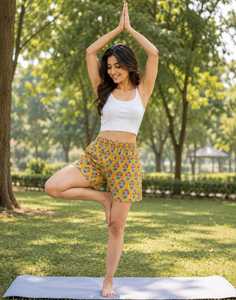 Shorts de Playa de Algodón con Estampado Floral Amarillo Vintage para Mujer, Cintura Alta Elástica, Casuales, para Yoga, Suaves, Transpirables y Ecológicos - Product Image 1