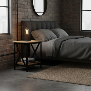 Table de chevet industrielle avec plateau en bois massif et structure en métal en X, table d'appoint à 2 niveaux pour salon, chambre à coucher, finition noire rustique - Product Image 2