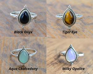 Anillo de Plata de Ley de Alta Calidad con Piedra de Pera, Larimar, Ónix, Ojo de Tigre, Cornalina, Prehnita, con Engaste de Bisel y Forma de Lágrima - Product Image 5