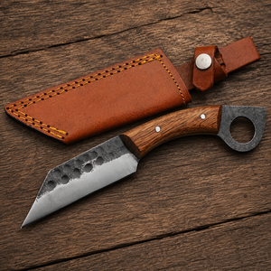 Cuchillo de caza forjado a mano con hoja fija de acero con alto contenido de carbono, mango de madera de nogal, funda de cuero, OEM, ODM - Product Image 1