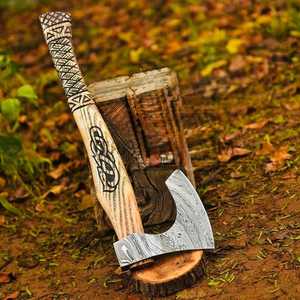 Durable Multi Usage Damascus Steel Blade <b>Axe</b> Head Outdoor Camping <b>Axe</b> Splitting Engraved <b>Wooden</b> Handle Viking Bearded Hatchet - Product Image 3