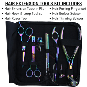 All in One Rainbow Hair Extension Tool Set with <b>Tape</b> In Plier Barber Scissor Thinning Shears Hair <b>loop</b> Razor Parting Finger Set - Product Image 2