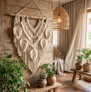 งานฝีมือมาคราเม่สีเบจสุดหรู ลายใบไม้ เหมาะสำหรับตกแต่งห้องนอนสไตล์โบโฮ และตกแต่งภายในให้ดูอบอุ่น นำเข้าจากอินเดีย - Product Image 5