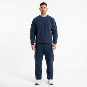 Ensemble survêtement décontracté pour homme, bleu marine, sweat-shirt à col rond et pantalon cargo avec poches utilitaires, deux pièces assorties, style streetwear - Product Image 1