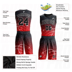 Ensemble de maillots de basket personnalisés rouge, noir et blanc à col rond avec sublimation, logo personnalisé, nom, numéro, sans manches, pour équipe de basket - Product Image 3