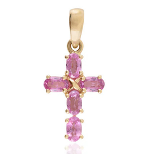 Colgante de Cruz de Oro Sólido de 14K con Zafiro Rosa Vintage y Detalle de Perla - Product Image 2