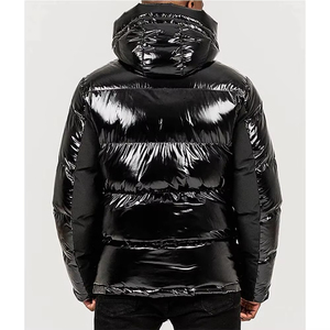 Custom Men's Glossy Hooded Puffer <b>Jacket</b> Full Zip Insulated <b>Winter</b> Coat Warm Lightweight Brown Black Premium <b>Leather</b> Streetwear - Product Image 5