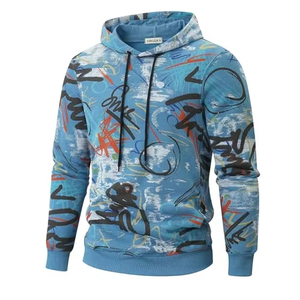 <b>Men's</b> Blue Graffiti Print Hoodie Regular Fit Knitted Polyester <b>Pullover</b> Casual Autumn Streetwear Hooded Sweatshirt - Product Image 4