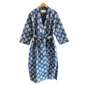 Vestido de banho kimono feminino algodão, azul, acolchoado, bloco de mão, estampa floral, roupa de dormir