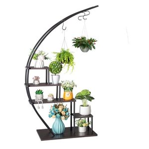 Artisasset 2 Pezzi Supporto per Piante a 5 Livelli Semicircolare in Ferro e Legno per Giardino, Balcone, Patio, Prato, Casa, Accessori per Cesti Sospesi - Product Image 5