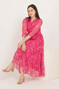 Robe midi en mousseline de soie à imprimé floral rose, col en V, manches trois quarts, style bohème, coupe ample, robe décontractée d'été - Product Image 5