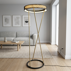 Lampe de sol moderne en laiton avec abat-jour rond en tissu, LED blanc chaud, usage résidentiel - Product Image 2