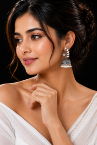 Monalisa Stone Antique <b>Silver</b> Plated Brass <b>Dangle</b> Jhumka <b>Earrings</b> with Lovers Design for Women Party Wear Trendy Style - Product Image 3