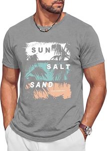 T-shirt graphique personnalisé pour homme, décontracté, à manches courtes, imprimé vintage tropical palmier, soleil, sel, sable, en coton, col rond - Product Image 2