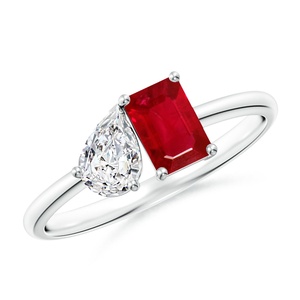 Anillo de Compromiso Clásico de Oro Sólido de 14k con Dos Piedras, Corte Esmeralda, Rubí Rojo Natural y Diamante en Forma de Pera, Joyería Fina, Anillo Toi Et Moi - Product Image 1