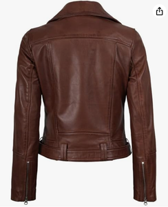 <b>Womens</b> Tan Genuine Leather Slim Fit Biker <b>Jacket</b> Asymmetrical Zip Solid Embossed Premium Quality Custom OEM Wholesale - Product Image 5