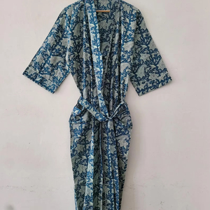 Flock Printed Indigo Knitted Cotton Kimono Robe Artisanal Floral Jaipuri Print Casual Loungewear Breathable Summer <b>Dressing</b> <b>Gown</b> - Product Image 1