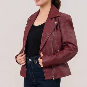 Veste en cuir pour femme Helen, couleur marron, style motard double, respirante, en cuir véritable, avec fermeture éclair - Veste marron - Product Image 4
