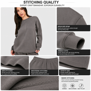 Ensemble sweat-shirt et short pour femme, en molleton peigné 340g, style vintage, anti-rétrécissement, coupe décontractée ample, avec cordon de serrage et poches, séchage rapide, OEM ODM - Product Image 5
