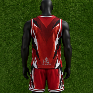 Ensemble d'uniformes de basketball unisexe très demandé, noir et rouge, sublimé, col en V, sans manches, anti-humidité, coupe athlétique, logo personnalisé - Product Image 2