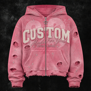 Custom Pink Hooded Zip-Up Sweatshirt With Rhinestone <b>Stars</b> And Ripped Details Y2K Style Crop Fit Unisex Autumn Wear - Product Image 1