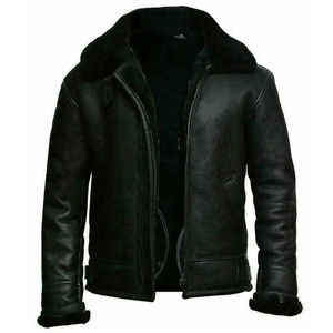 Chaqueta Bomber de Cuero de Oveja Negra para Hombre, Talla Grande, Cierre de Cremallera, Cuello con Ribete de Piel y Forro de Borrego, para Invierno, Motociclistas - Product Image 1