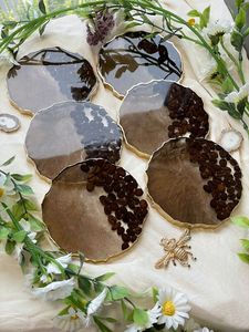 Personalized Handmade Round Resin Coasters Artistic Floral Marble Designs <b>Gold</b> Foil Home Decor - Product Image 5
