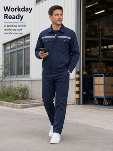 Unisex Flame Retardant Workwear Set for Workshop Warehouse Spring Fall Navy Jacket Pants Reflective Strip Zip Front Waterproof - Product Image 3