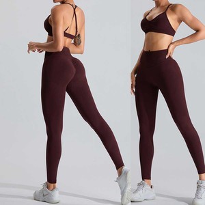 Seamless Mid Elastic Yoga Set <b>Women</b> Crisscross Back <b>Peach</b> Lift Sportswear Tight Fit Breathable Workout Outfit Outdoor Gym - Product Image 4