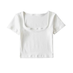 Women's Cropped <b>T</b>-Shirt Short Sleeve <b>Square</b> Collar Solid Color Casual Style Knitted Slim Fit Spring Summer Wear - Product Image 4