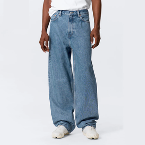 Jean baggy décontracté pour homme en denim délavé, taille haute, en coton mi-lourd, avec braguette boutonnée, bleu clair - Product Image 5