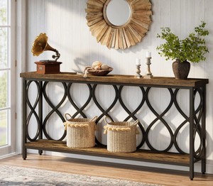 Console en bois rustique avec étagère de rangement en métal, meuble d'entrée ou de salon au design antique - Product Image 1