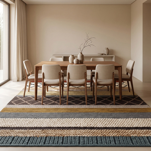 Tapis en laine DECORDEC multicolore texturé à rayures, écologique, antidérapant, tufté à la main, beige, noir, rouille, gris, motif géométrique en treillis pour - Product Image 3