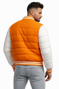 Blouson matelassé varsity orange et blanc pour homme, manteau bomber d'hiver matelassé, boutons-pression, streetwear, logo personnalisé, usine OEM ODM - Product Image 5