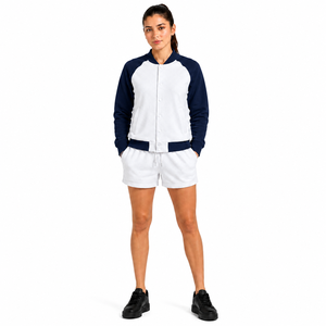 Custom Unisex Striped Varsity Shorts <b>Set</b> Contrast Raglan Sleeve Bomber Jacket Drawstring Shorts Heavyweight Two Piece Short Suit - Product Image 1
