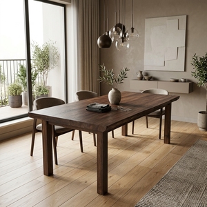 Table à manger rectangulaire en teck massif, finition brun noyer foncé, mobilier de cuisine moderne minimaliste, grand ensemble de table de cuisine - Product Image 2
