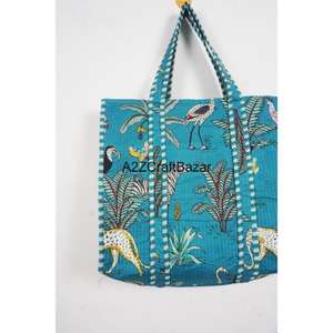 Bolsa de Mano Grande, 100% Algodón Puro, Acolchada, Estampada a Mano, con Rayas Multicolores, Asa Larga, Ecológica, Sostenible, para Estudio, Compras y Fiestas - Product Image 3