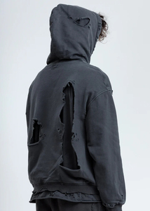 Heavyweight French Terry Drop Shoulder Distressed Hoodies Men's Clothing Acid <b>Wash</b> Vintage Distress Ripped Hooded Breathable - Product Image 5