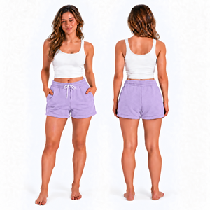 Women Solid Purple Cotton <b>Fleece</b> <b>Shorts</b> Mid Waist Drawstring Casual Knitted Regular Fit Breathable <b>Shorts</b> - Product Image 1