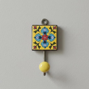 Handmade Ceramic Wall <b>Hook</b> Floral Tile Design Yellow Blue Red Pattern Traditional Style Single <b>Hook</b> <b>Hanging</b> Decor Waterproof - Product Image 3