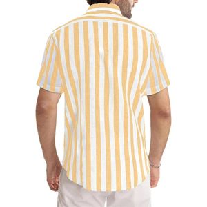 Camisa de Vestir a Rayas Amarillas con Botones, Camisa de Verano de Algodón Popelín con Cuello Camp Collar, Manga Corta, Camisas a Rayas para Vacaciones - Product Image 2