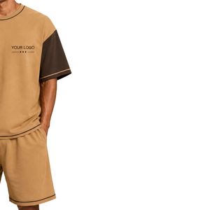 Camel Brown Mens Oversized <b>T</b> <b>Shirt</b> And Shorts Set Dark Brown Contrast Sleeves Custom Logo Casual Streetwear Summer Wholesale - Product Image 4