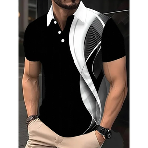 Camiseta de Hombre de Punto Sólido con Estampado por Transferencia Térmica, Botones en Contraste, Estilo Casual Deportivo para Exteriores, Manga Corta, 100% Algodón Transpirable - Product Image 1