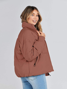 <b>Women's</b> Solid Color Quilted Puffer <b>Jacket</b> With Stand Collar And Zipper Closure Winter Warm Coat <b>Short</b> Length Full <b>Sleeve</b> - Product Image 5