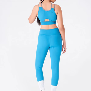 Women's <b>Blue</b> Yoga Set High Waist Leggings <b>Crop</b> <b>Top</b> 2 Piece Activewear Racerback Seamless Full Length Spandex Polyester - Product Image 4