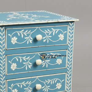 Mesa de Noche Moderna Ecológica Hecha a Mano con Incrustaciones de Hueso Azul y Florales, con 2 Cajones, para Decoración de Dormitorios de Lujo - Product Image 5