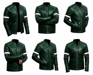 Veste de moto en cuir véritable vert pour homme, coupe ajustée, col montant, fermeture éclair intégrale, style motard avec plusieurs poches élégantes - Product Image 5