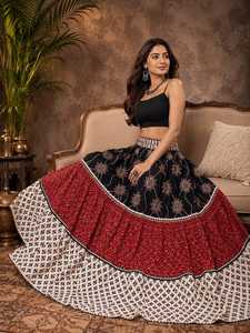 Black <b>Red</b> White Printed Cotton <b>Lehenga</b> Floor Length Loose Fit Women Ethnic Bottomwear India Pakistan Party Wear - Product Image 1