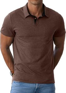 Men's Brown Short Sleeve Polo Shirt Solid Color Knitted Casual With Pocket Breathable Cotton Jersey Fit - Product Image 3